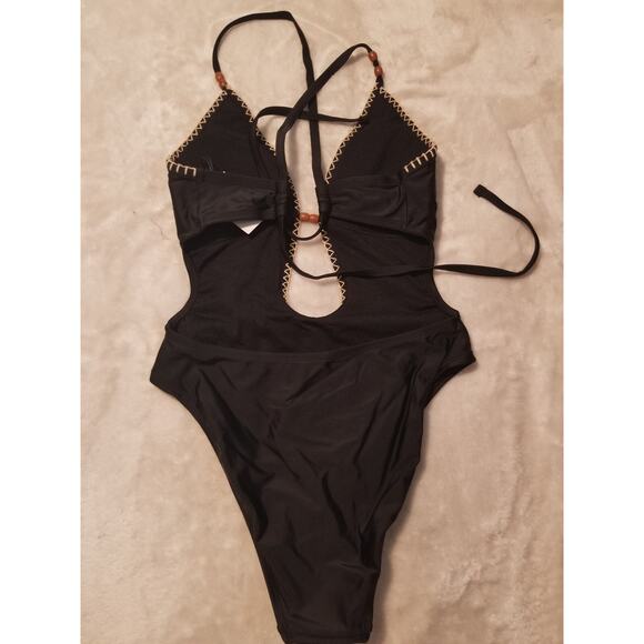 Shade & Shore Plunge Bead Detail Extra High Leg One Piece Swimsuit Women Small - Picture 9 of 9